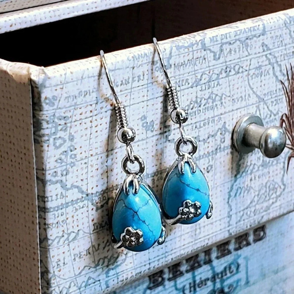 Pink Diva Jewelry - Little Teardrop Turquoise Gemstone Platinum Plated Earrings